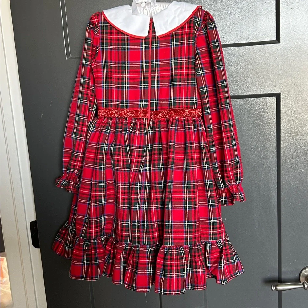 Girls Red Plaid Holiday Dress with Holly Collar